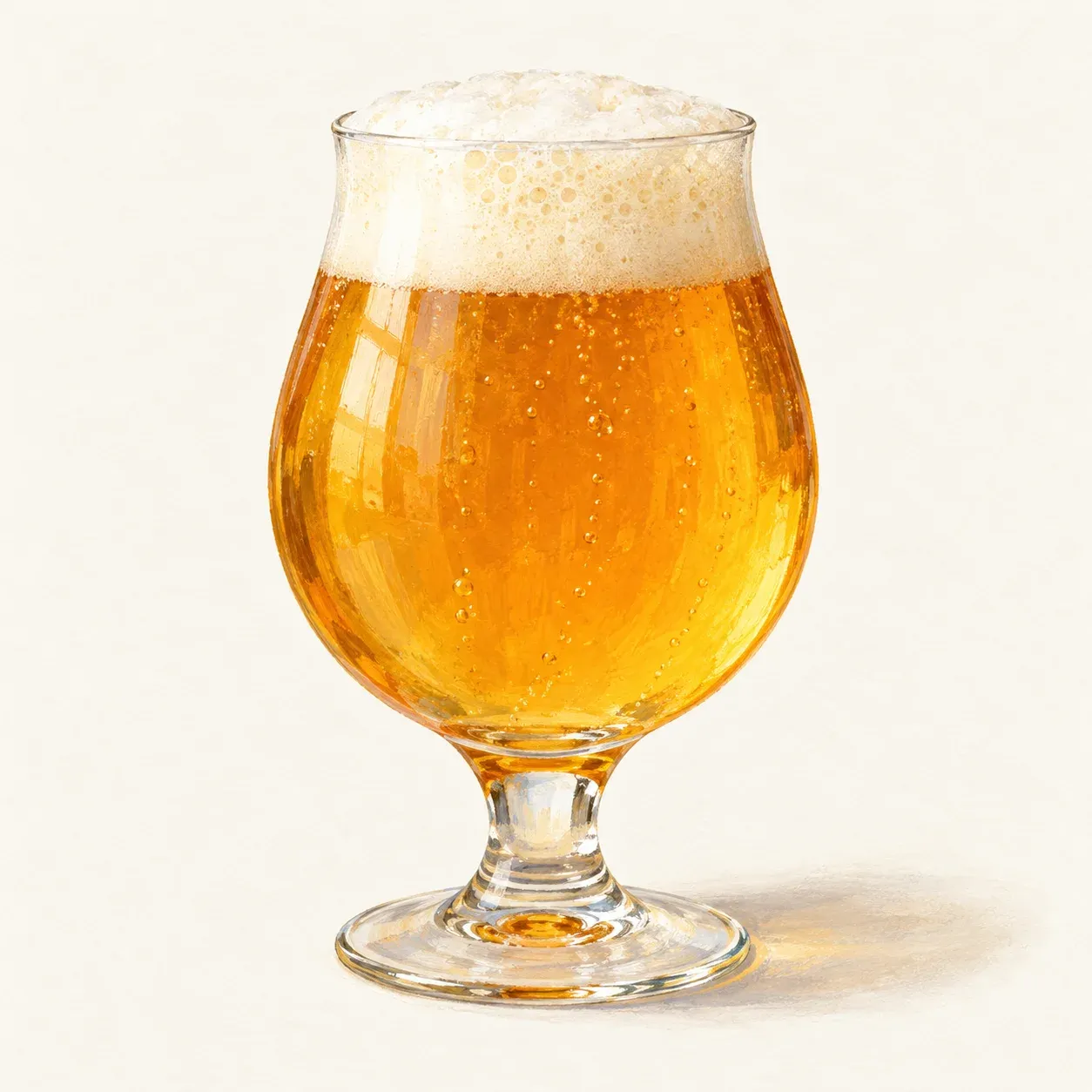 A stemmed tulip glass of clear pale golden ale under a white head