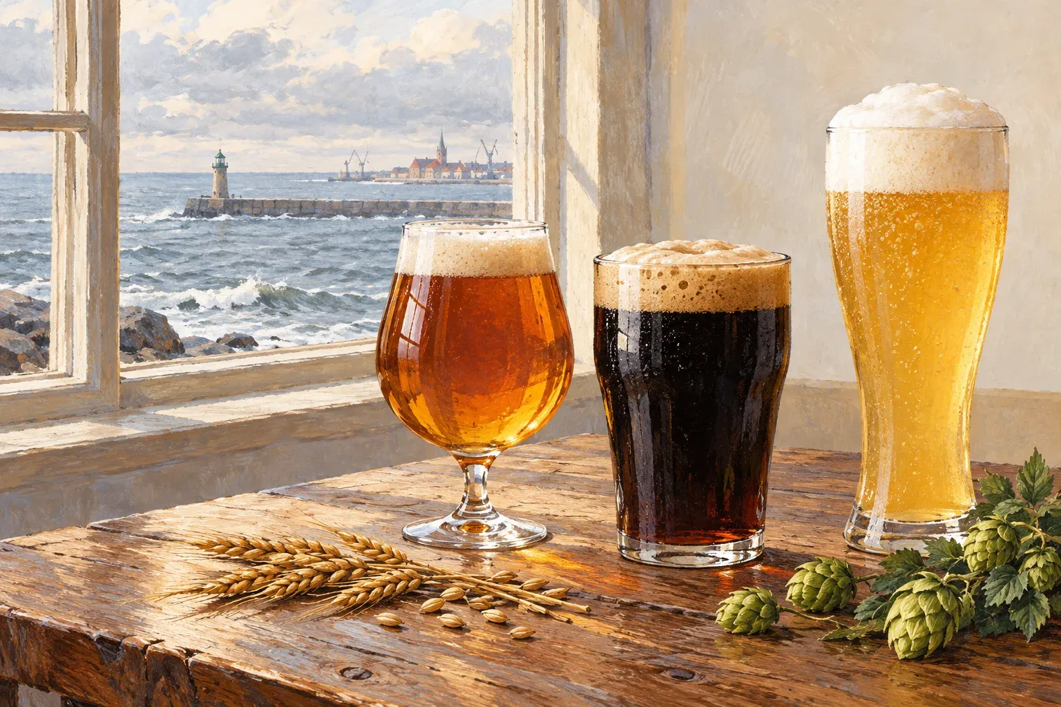 A glass of amber Vienna lager, a dark Baltic porter and a tall glass of pale smoked wheat beer on a wooden table