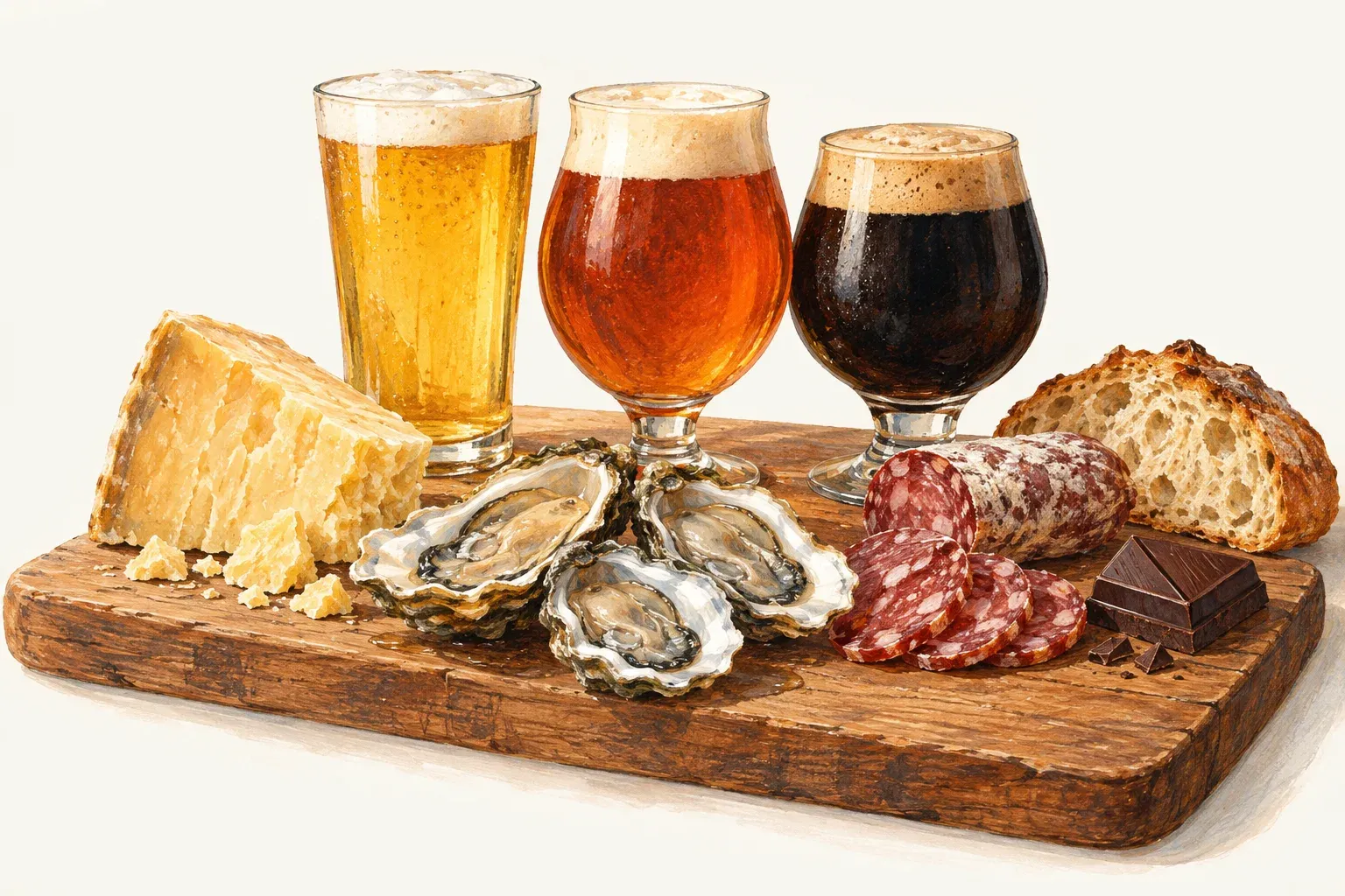 A wooden board with cheese, oysters, sliced sausage, bread and dark chocolate around three glasses of beer