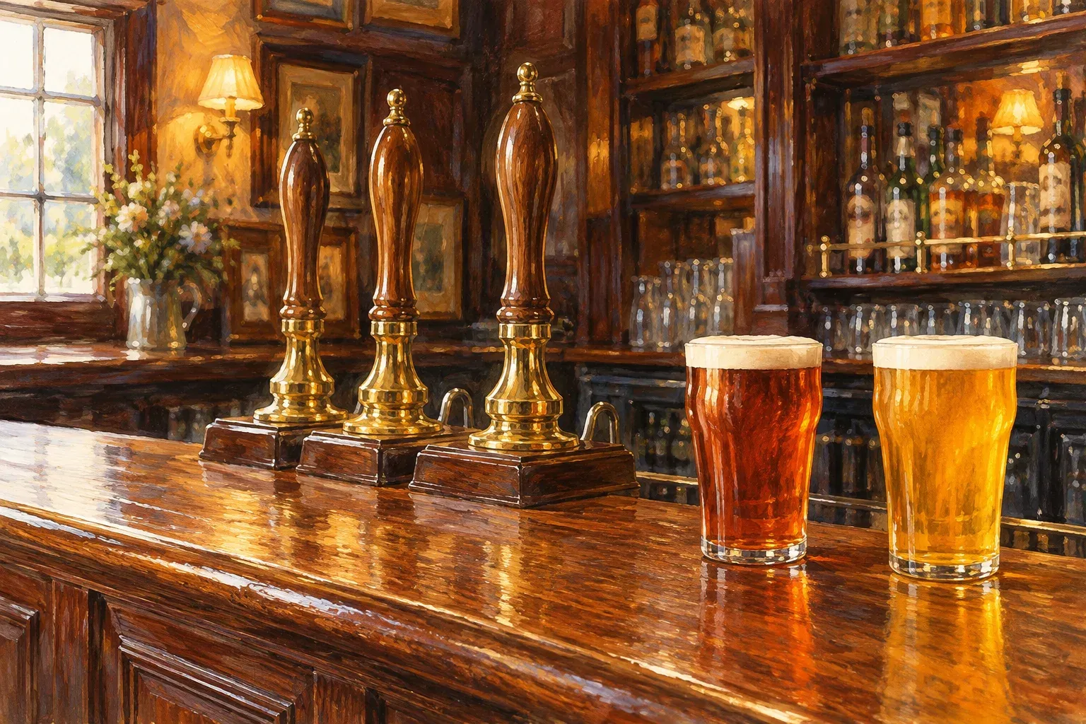 Brass-handled cask beer pumps on a wooden pub bar with a pint of amber bitter and a pint of golden IPA