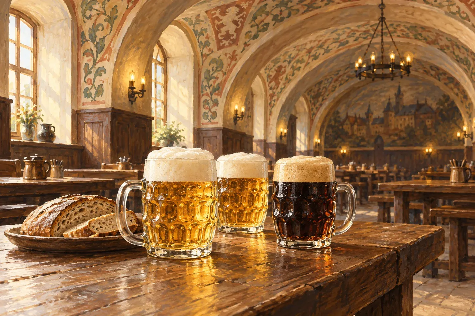 Dimpled mugs of pale and dark lager on a long wooden table in a vaulted Czech beer hall