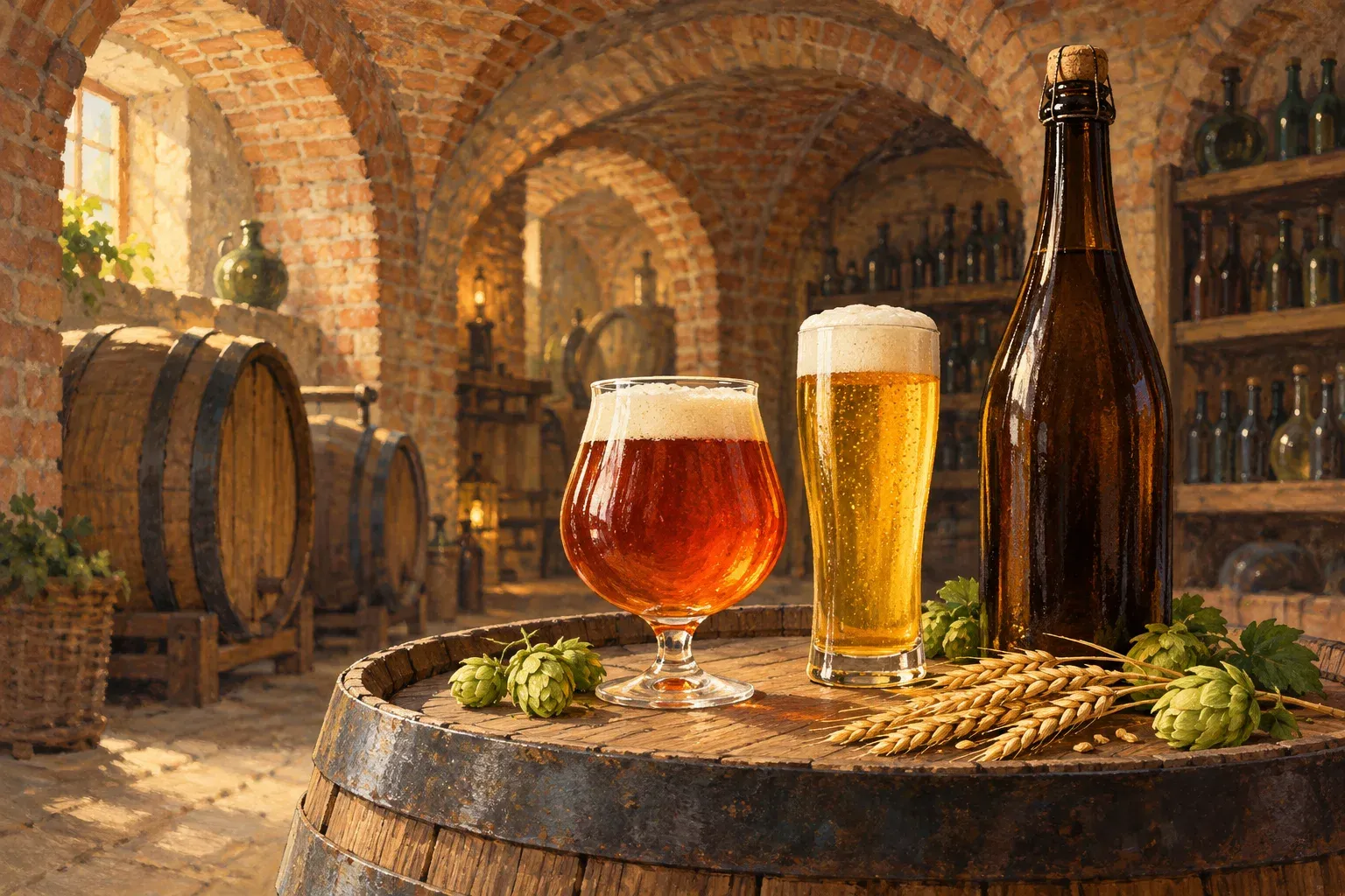 A tulip glass of amber bière de garde and a tall glass of pale lager on a barrel in an old brick cellar