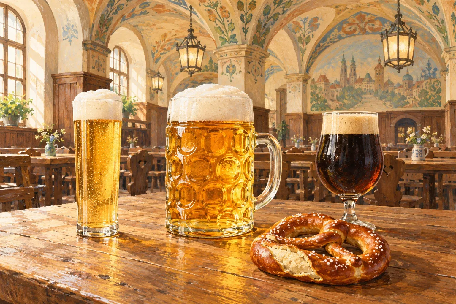 A tall Kölsch Stange, a heavy Munich mug of golden festival beer and a glass of dark smoked beer on a wooden beer-hall table