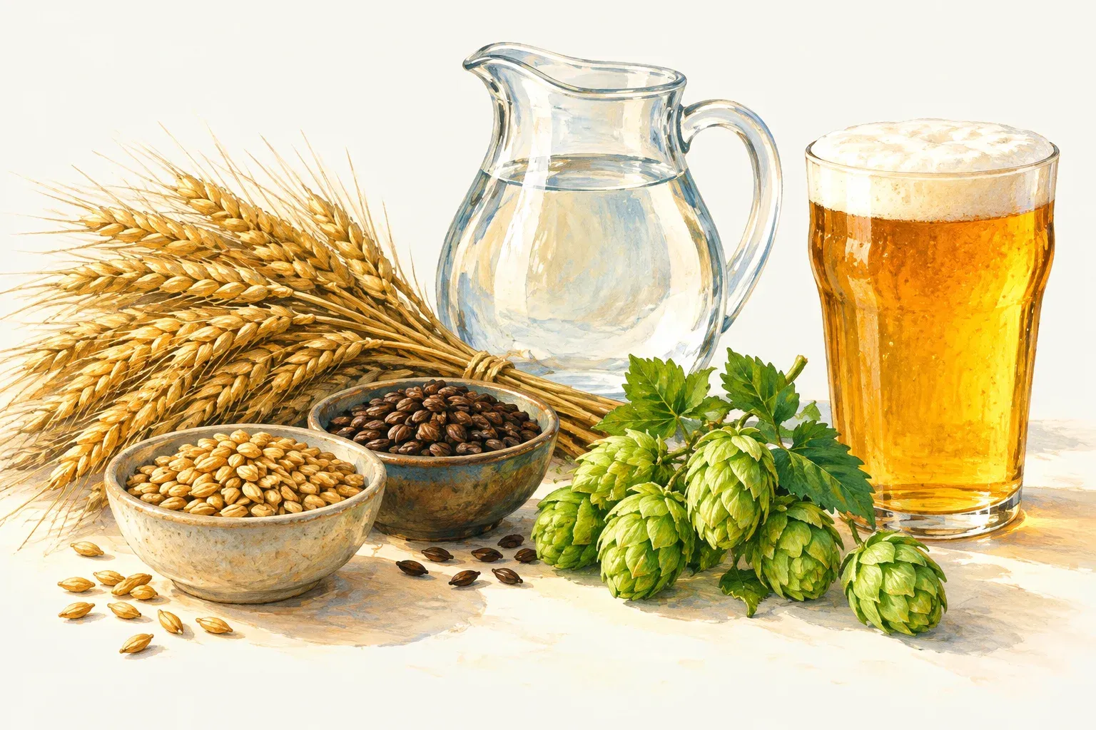 Barley ears, bowls of pale and roasted malt, fresh hop cones, a jug of water and a pint of golden beer