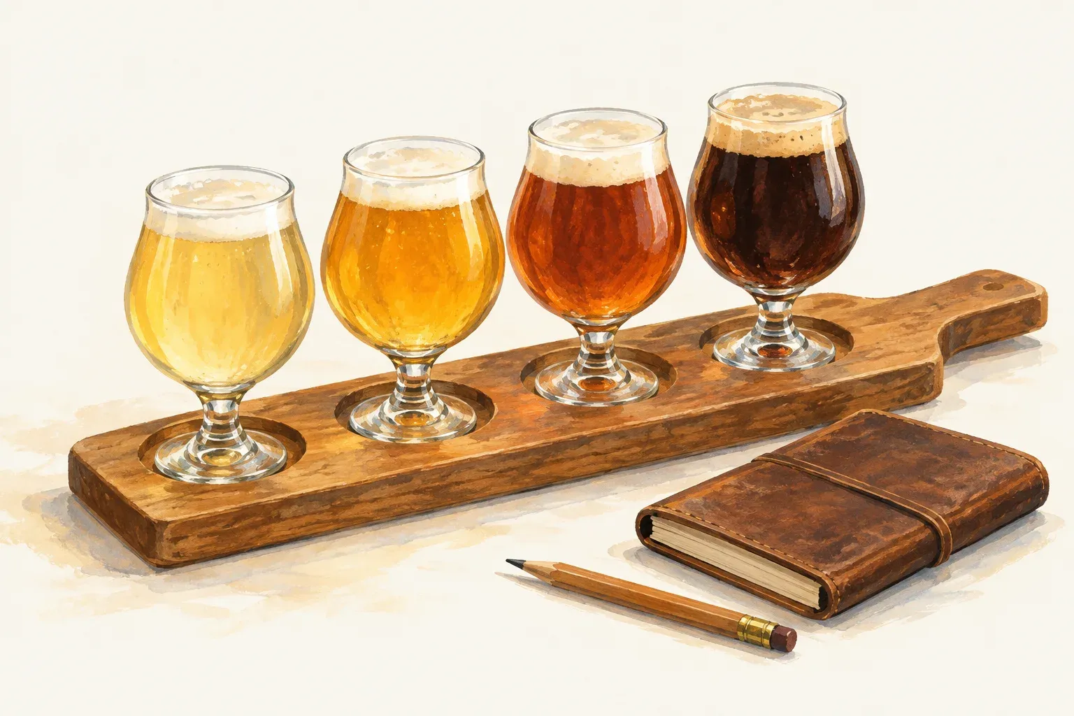 A tasting flight of four beers from pale to dark on a wooden paddle, with a notebook and pencil