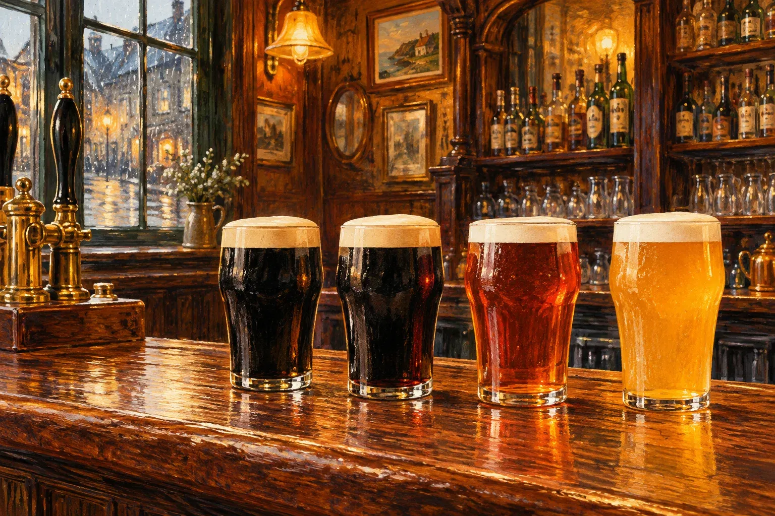 Two pints of stout, a pint of red ale and a pale ale on the wooden bar of an old Irish pub