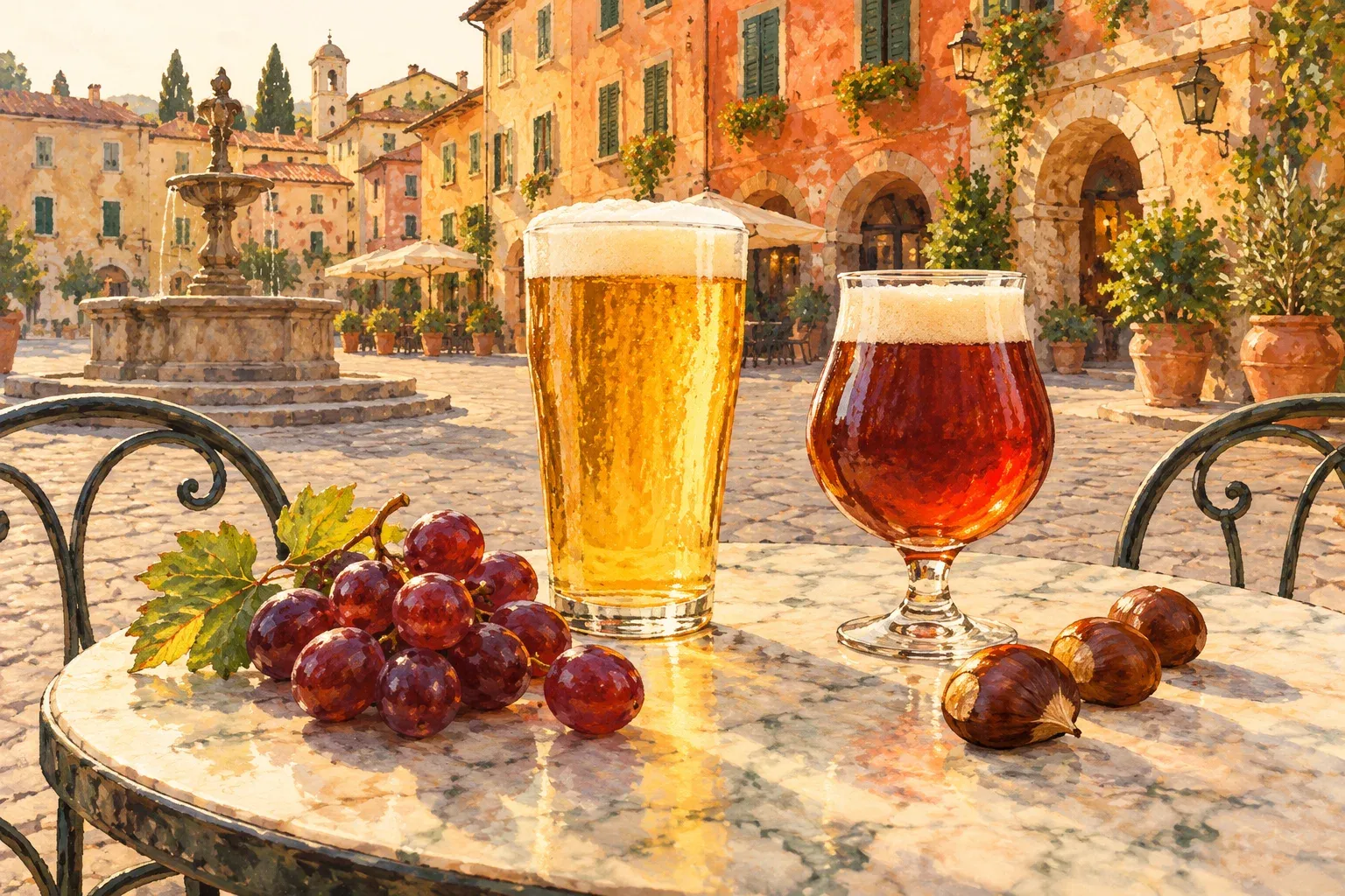 A pale lager and a tulip of copper-red grape ale on a marble café table in an Italian piazza, with red grapes and chestnuts