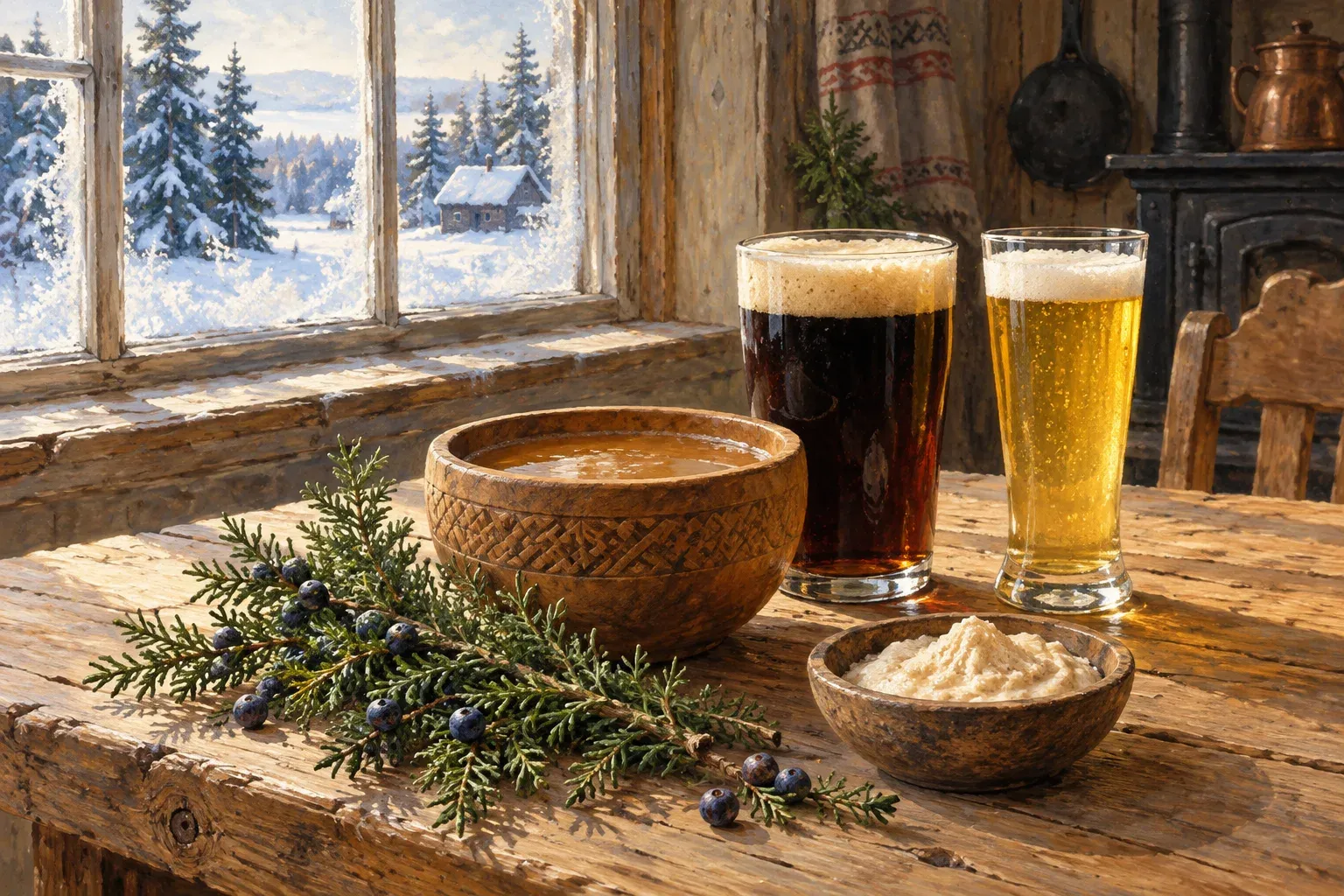 A wooden bowl of cloudy farmhouse ale, a glass of dark porter and a pale lager beside juniper boughs on a farmhouse table