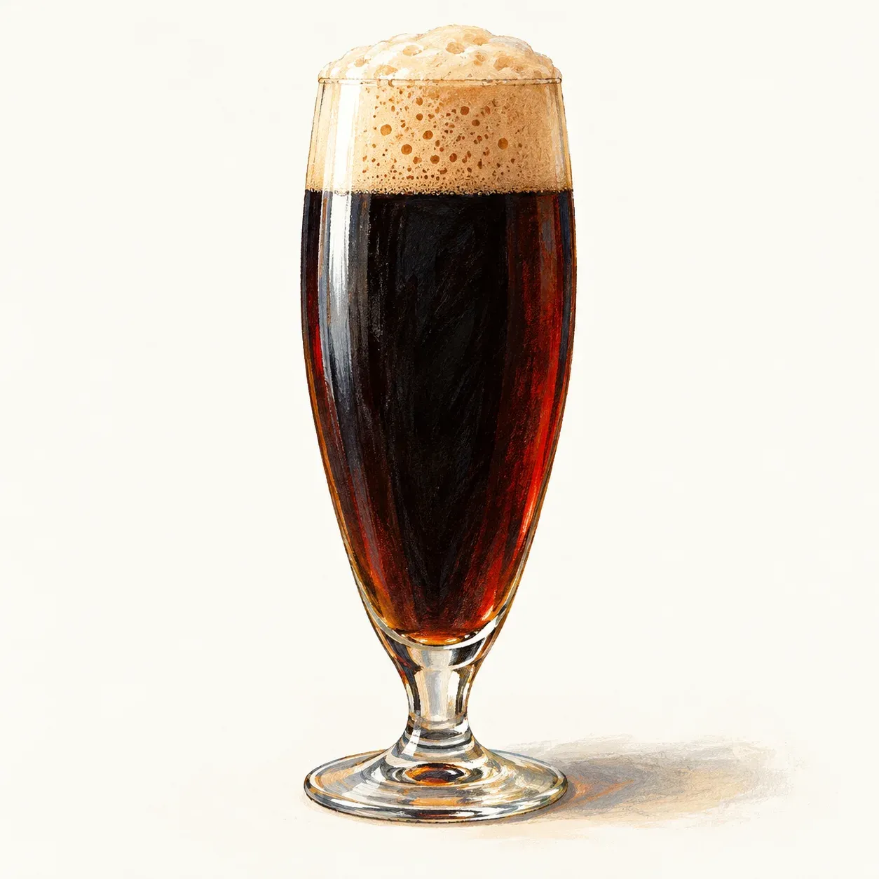 A flute of very dark brown lager with a ruby edge under a tall tan head
