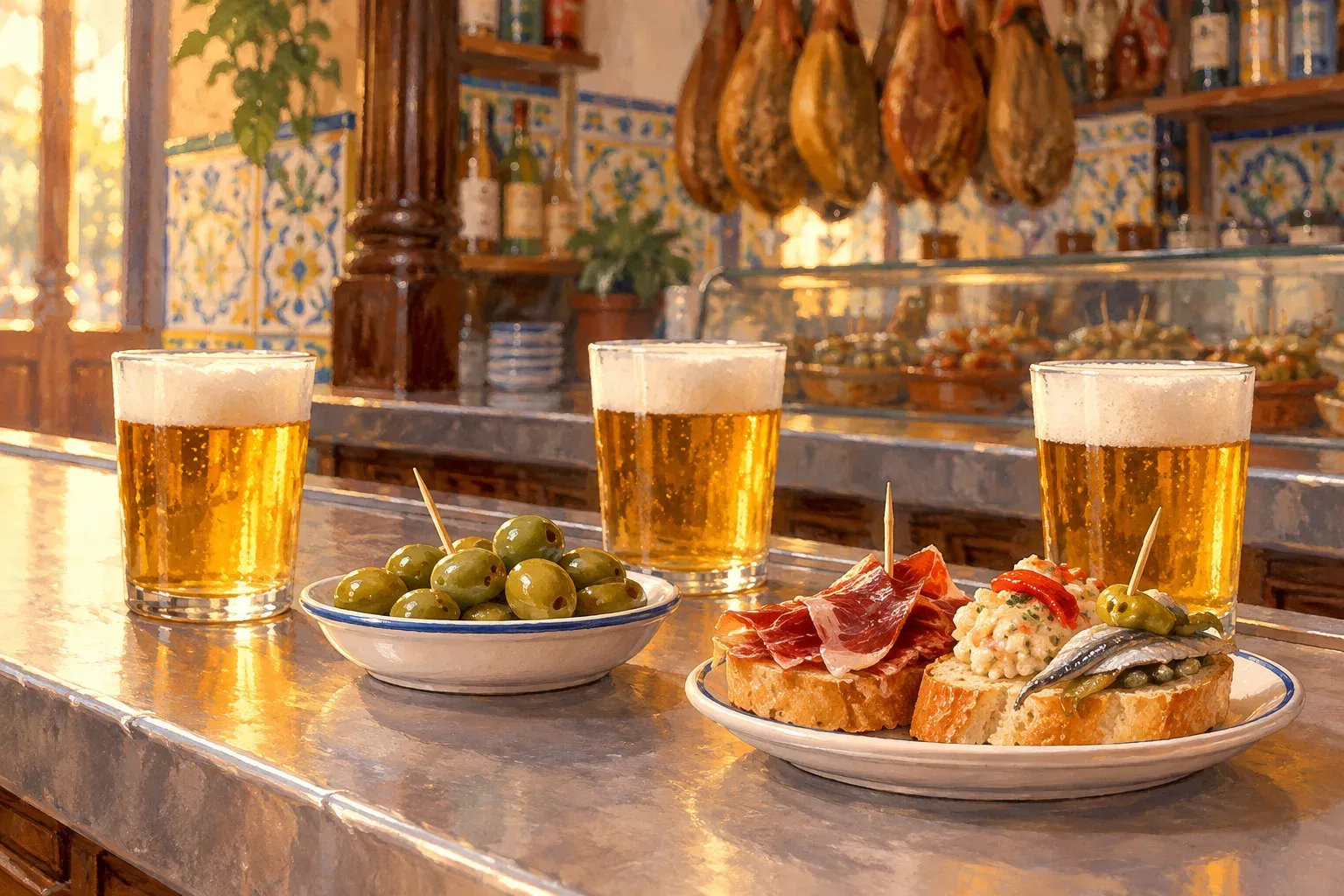 Small glasses of golden draught lager on a zinc bar counter with a plate of olives and a few tapas