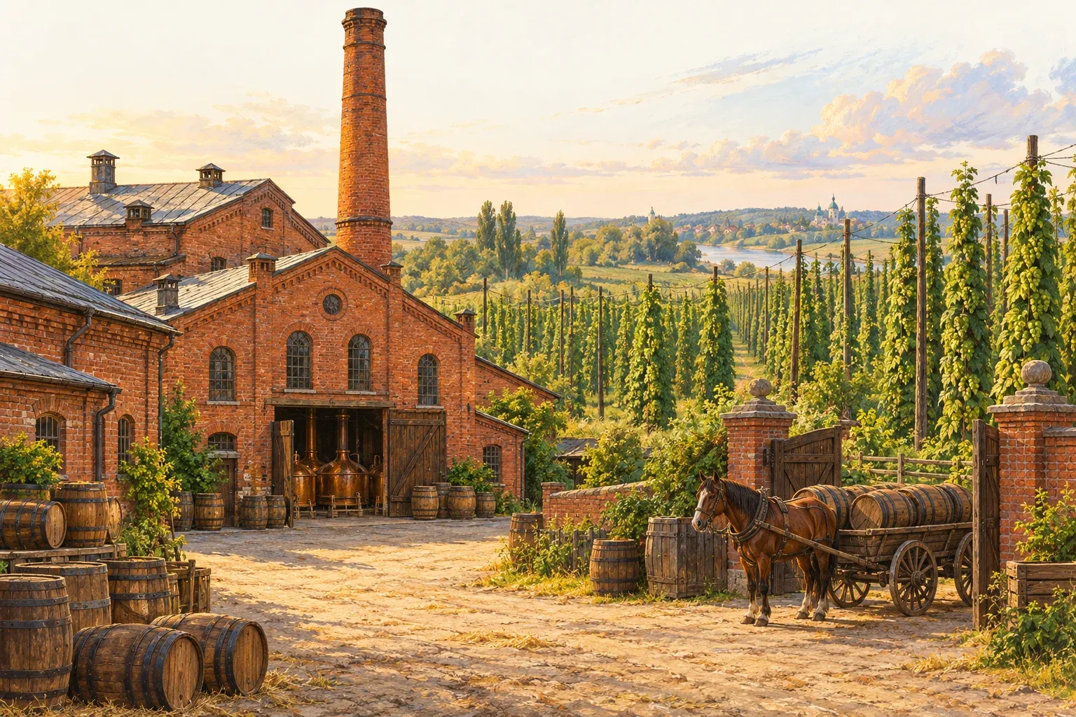 An old red-brick brewery yard with oak barrels and a horse cart, hop bines climbing poles in the fields behind