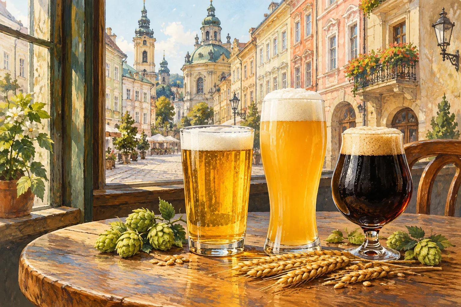 A glass of golden lager, a cloudy wheat beer and a black stout on a café table by a window onto an old Lviv street