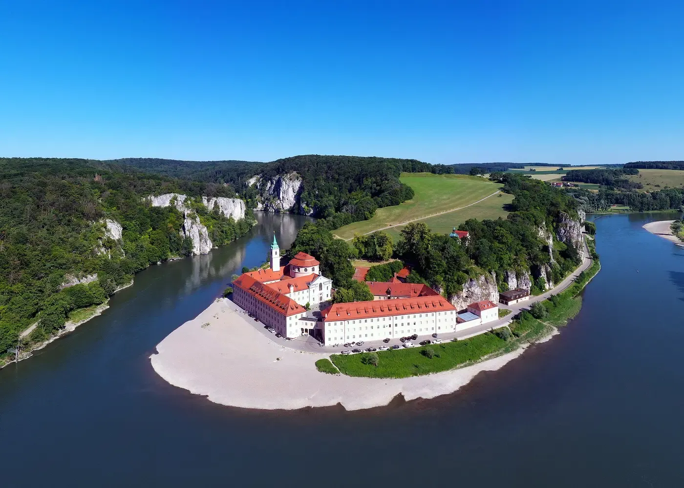 Aerial view of Weltenburg Abbey and its brewery